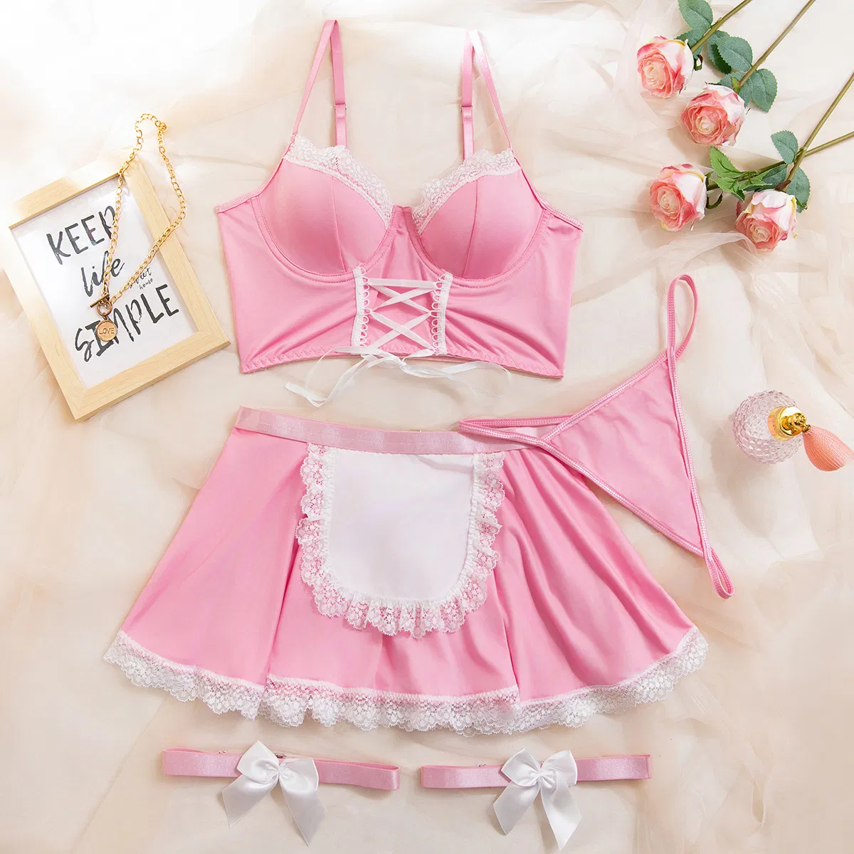 New Design Maid Christmas Role-Playing Bra Panty Set Sexy Contrast Lace Woman Lingerie