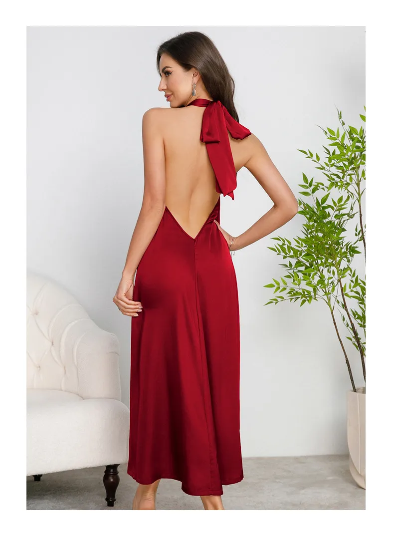 Wholesale Hanging Neck Backless Women's Nightwear Sexy Solid Color Satin Sleepwear