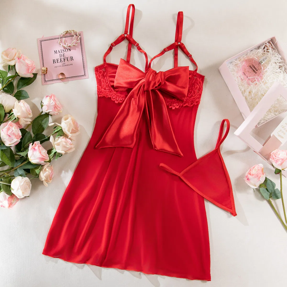 Sexy Hollow out Satin Bow Dress Woman Bra Set Wholesale Erotic Women Lingerie