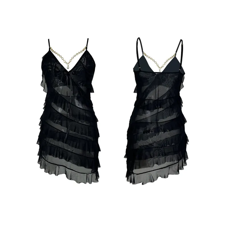 Sexy Layered Ruffles See-Through Women's Sleepwear Hot Sale Solid Color Dress Nightwear