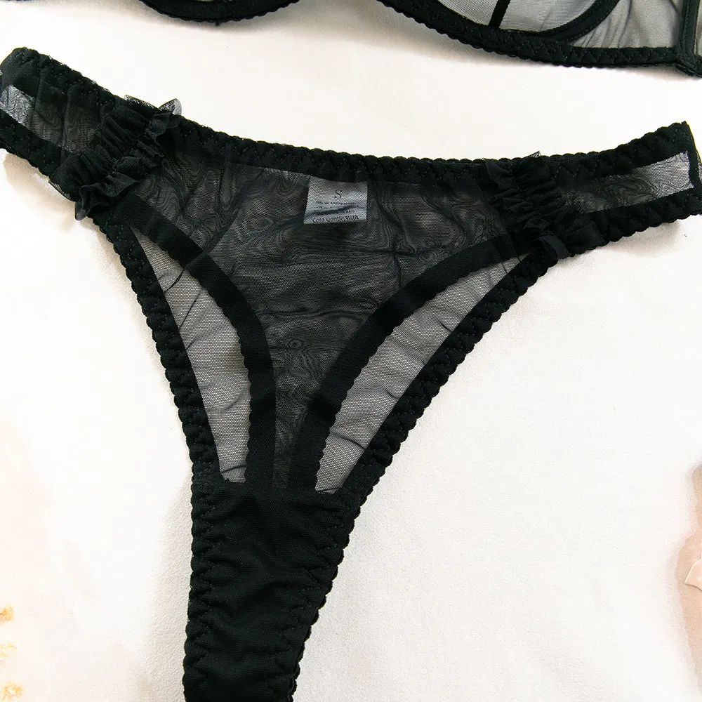 Sexy Perspective Mesh Ruffled Lace Woman Bra Set Hot Sale Solid Color 2 Pieces Lingerie