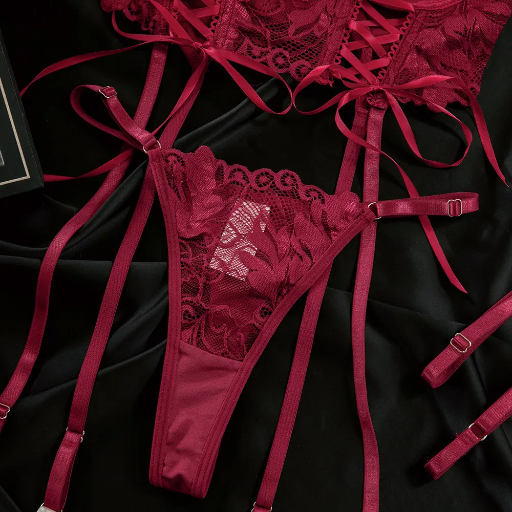 Hot Solid Color Fish-Bone Women Bra Set Sexy Erotic Strap Cross Embroidered Lingerie