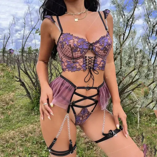 Sexy Floral Embroidery See Through Bra Panty Set Wholesale Luxury Chain Women Lingerie