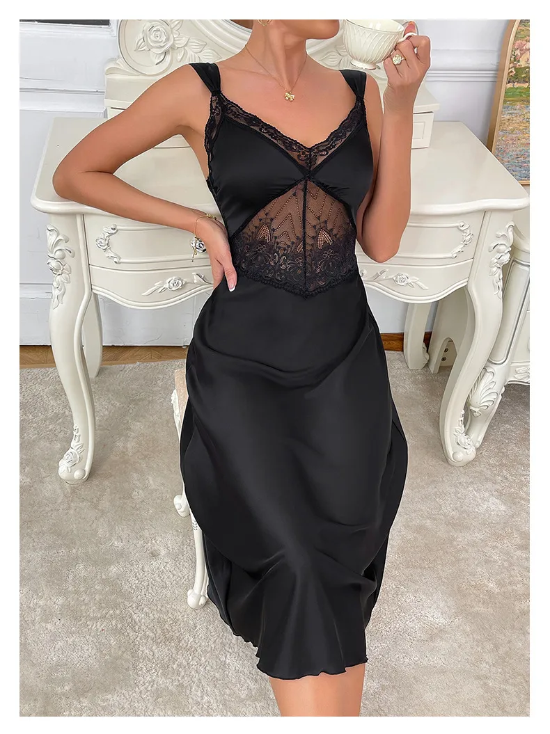 Sexy See Through Mesh Dress Sleepwear Hot Selling Embroidered Lace Suspender Woman Nightwear
