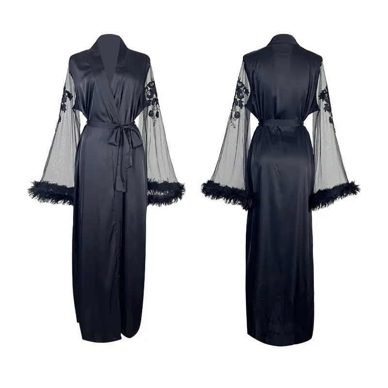 Wholesale Satin Woman Sleepwear Sexy See-Through Mesh Feather Lace Cuff Robe