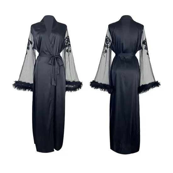 Wholesale Satin Woman Sleepwear Sexy See-Through Mesh Feather Lace Cuff Robe