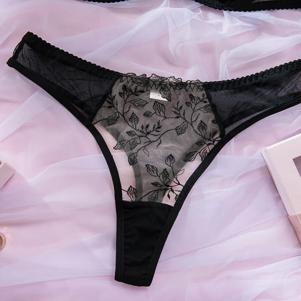 Sexy Floral Embroidery Women Bra Set Wholesale See-Through Mesh 2PCS Lingerie