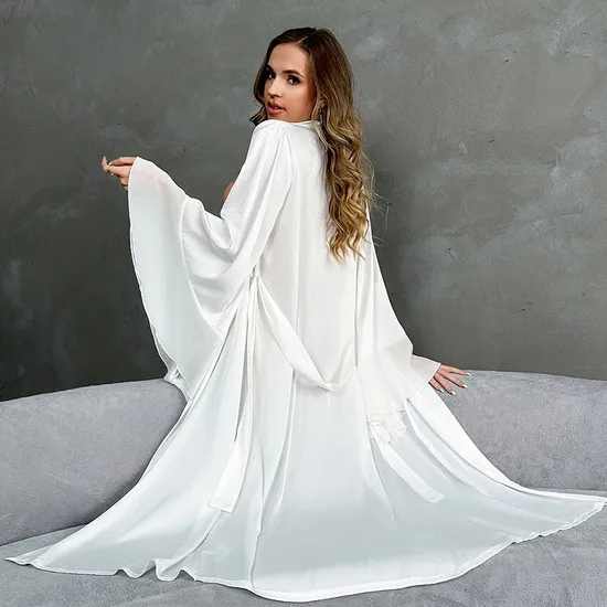 Wholesale Satin Long Sleeve Ruffled Chiffon Patchwork Sleepwear Sexy Women's Robe