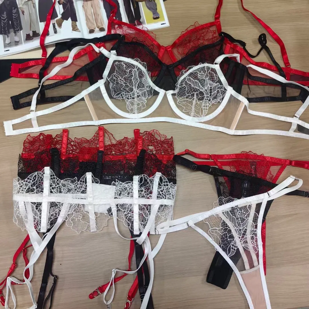 See-Through Embroidered Sock Strap Three-Piece Set Lace Trim Breathable Ultra-Thin for Women Sexy Bra Underwear Lingerie