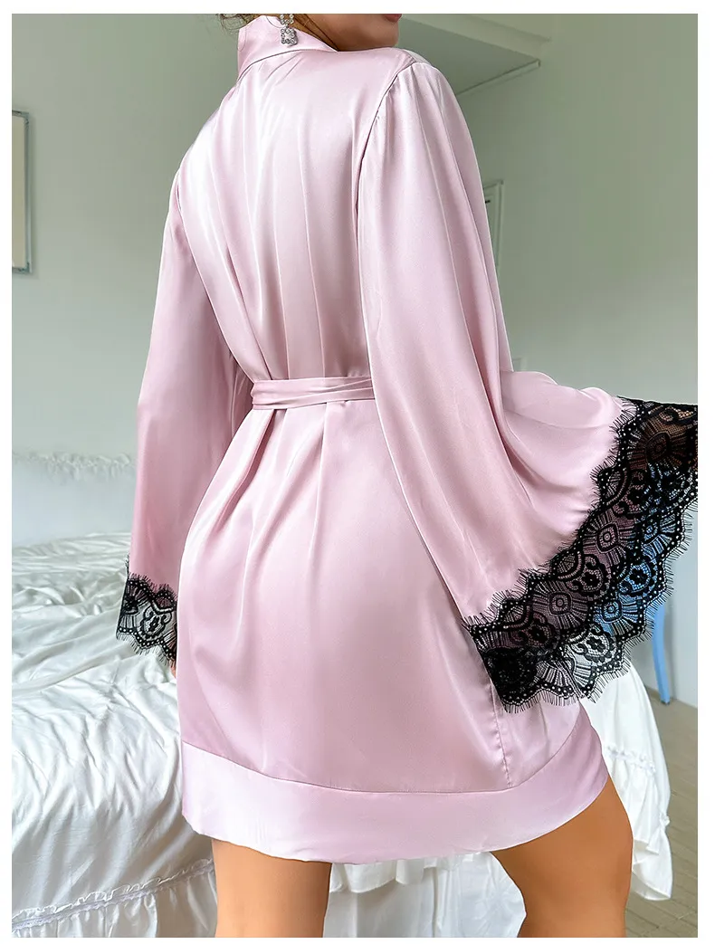 Wholesale V-Neck Satin Woman Lace Nightwear Sleepwear Sexy High-Quality Solid Color Robe