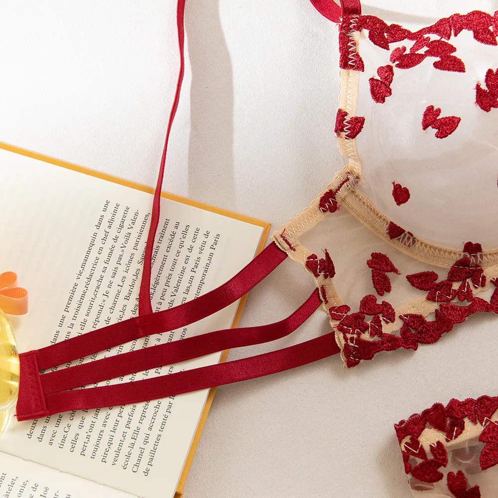 Wholesale Heart-Shaped Embroidery Woman Underwear Set Sexy Transparent Mesh Lingerie