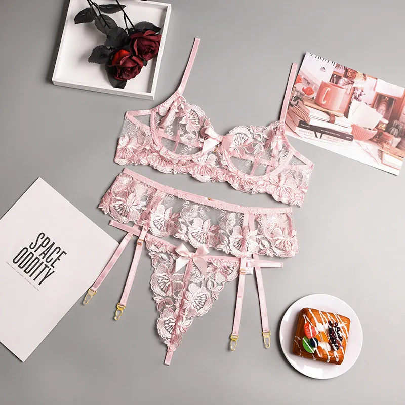New Design Flower Embroidery See-Through Bra Set Sexy Woman 3 PCS Lingerie