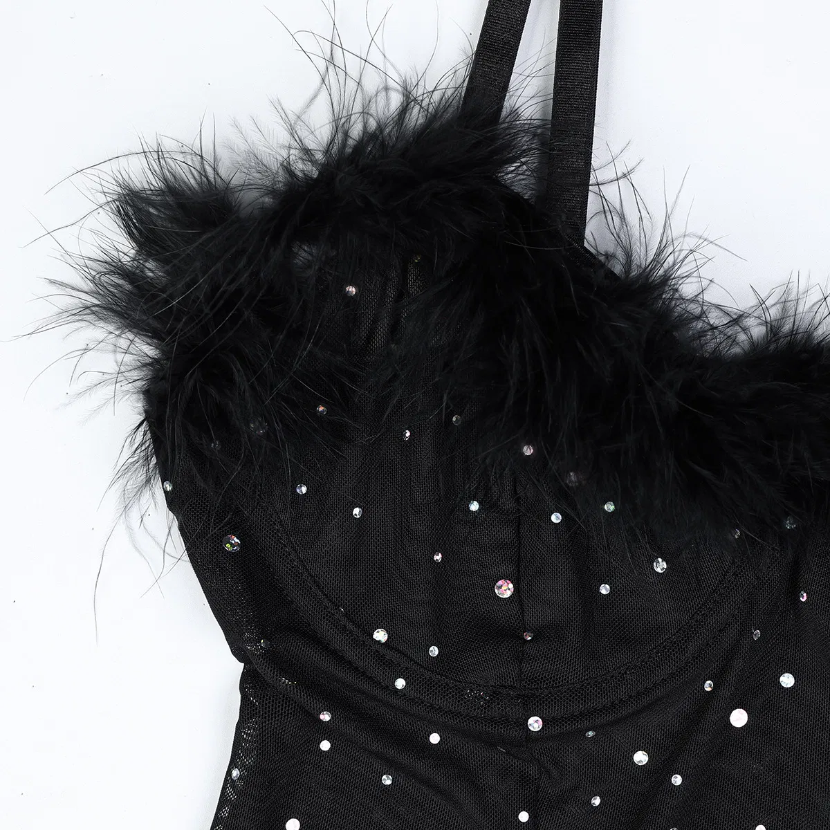 Sexy Elastic See-Through Mesh Bra Set New Rhinestone Sparkling Feather Two-Piece Woman Lingerie