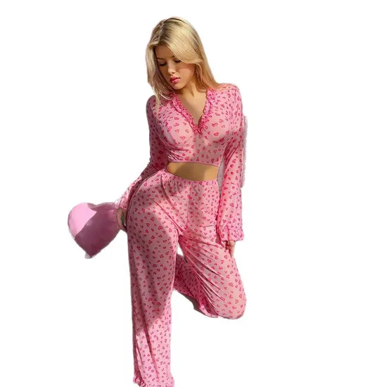 Hot Sell Erotic Long Sleeve Transparent Mesh Underwear Set Sexy Heart Print Women's Lingerie