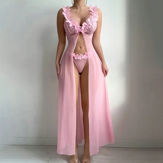 New Fashion V-Neck Ultra-Thin Woman Underwear Set Hot Suspender Long Dress Lingerie