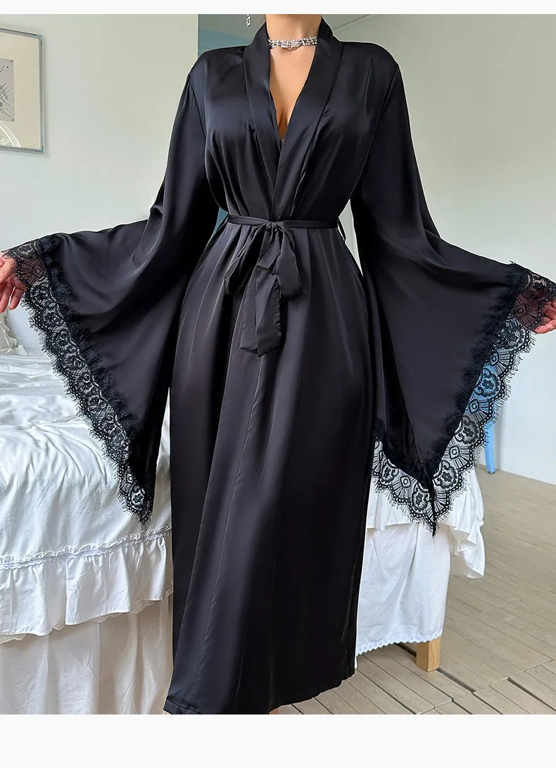 Wholesale Satin Lace Long Sleeved Women's Sleepwear Sexy High Quality Soft and Silky Robe