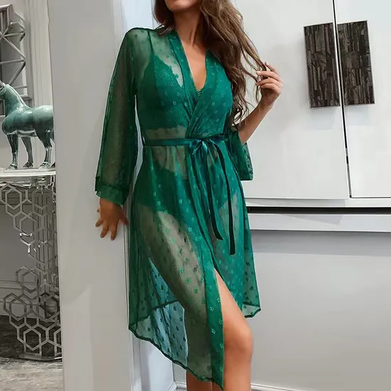 Wholesale Lace Dress Long Transparent Sleepwear Sexy Woman Lingerie Set with Robe