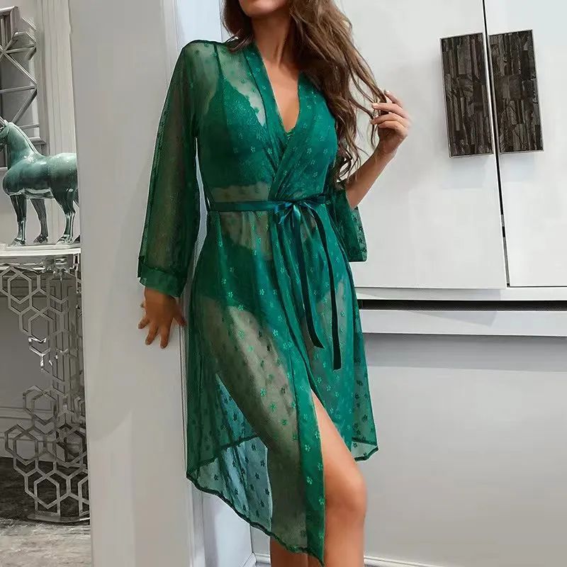 Wholesale Lace Dress Long Transparent Sleepwear Sexy Woman Lingerie Set with Robe