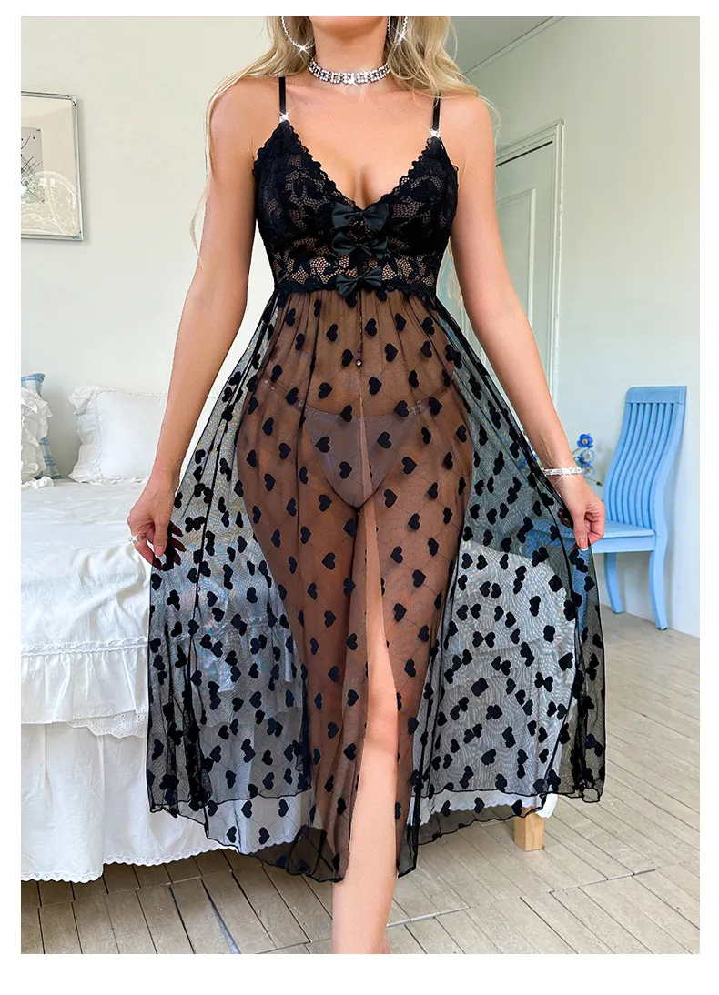 Sexy Transparent Mesh Women Sleepwear Long Dress Hot Sale Embroidery Nightwear