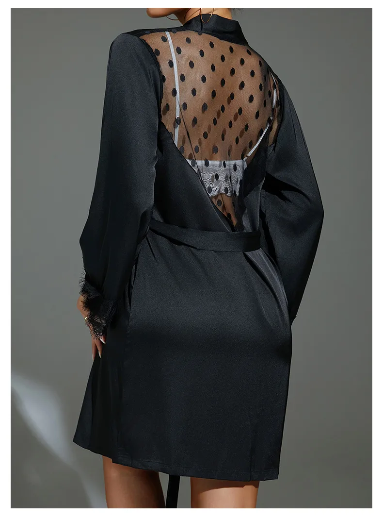Sexy See-Through Polka DOT Mesh with Lace Sleepwear Nightwear Wholesale Women Satin Robe