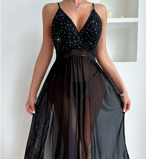 Sexy Erotic Transparent Woman Nightgown Dress Wholesale Solid Color Long Mesh Nightwear