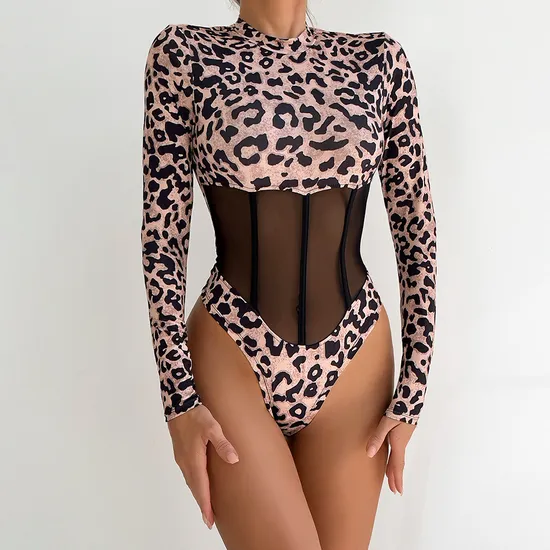 Wholesale Long Sleeve Leopard Print One Piece Underwear Sexy Perspective Slim Fitting Lingerie