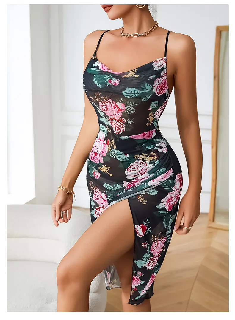New Design See-Through Deep V Mesh Lace Nightwear Dress Sexy Suspender Woman Long Sleepwear
