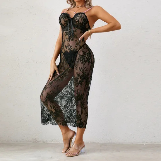 Sexy See-Through Ultral-Thin Long Dress Bra Set New Fashion Flower Embroidered Woman Lingerie