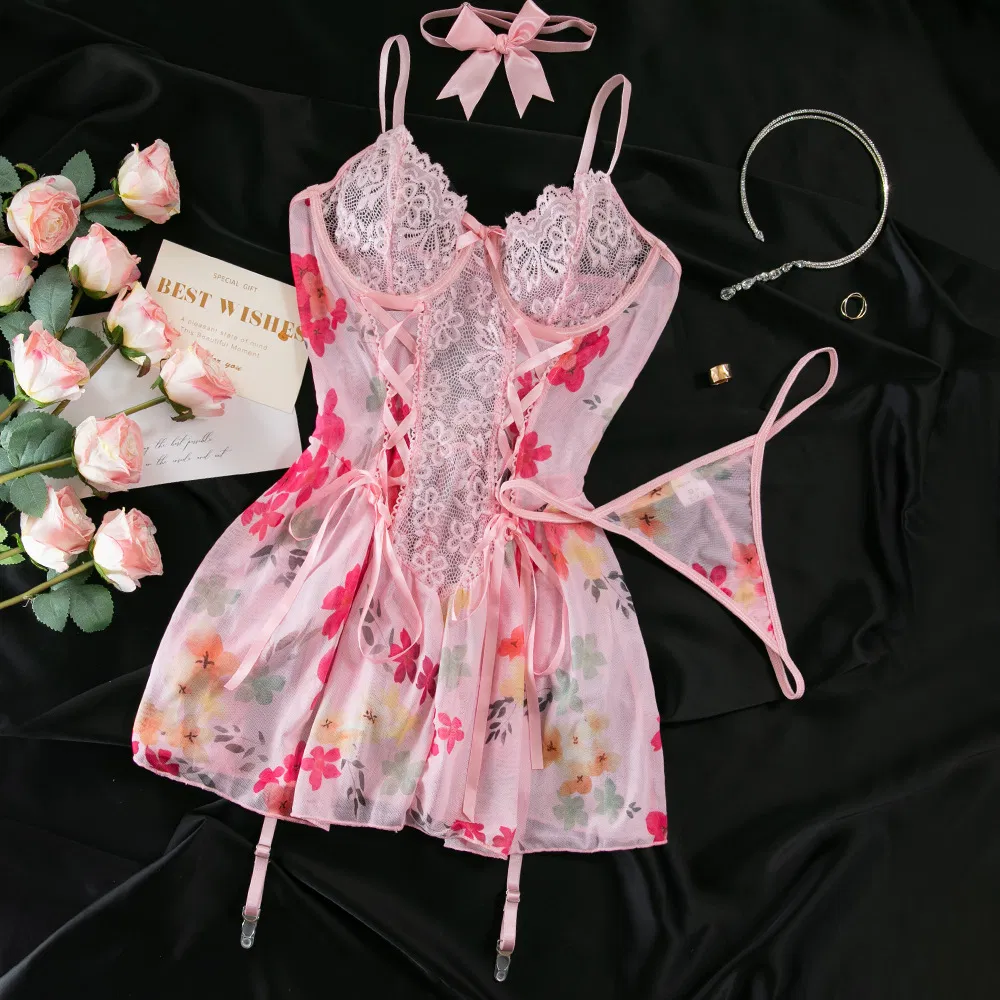 New Arrival Floral Print See-Through Bra and Panty Set Sexy Ultral-Thin Embroidery Lingerie