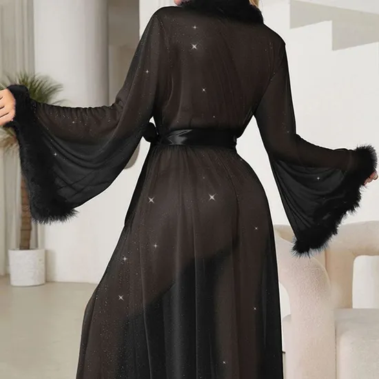 Wholesale Long Sleeve Open Front Sleepwear Sexy See Through Shiny Silver Line Women's Robe