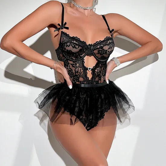 Wholesale Hollow out Underwear Set with Skirt Sexy Transparent Mesh Lingerie