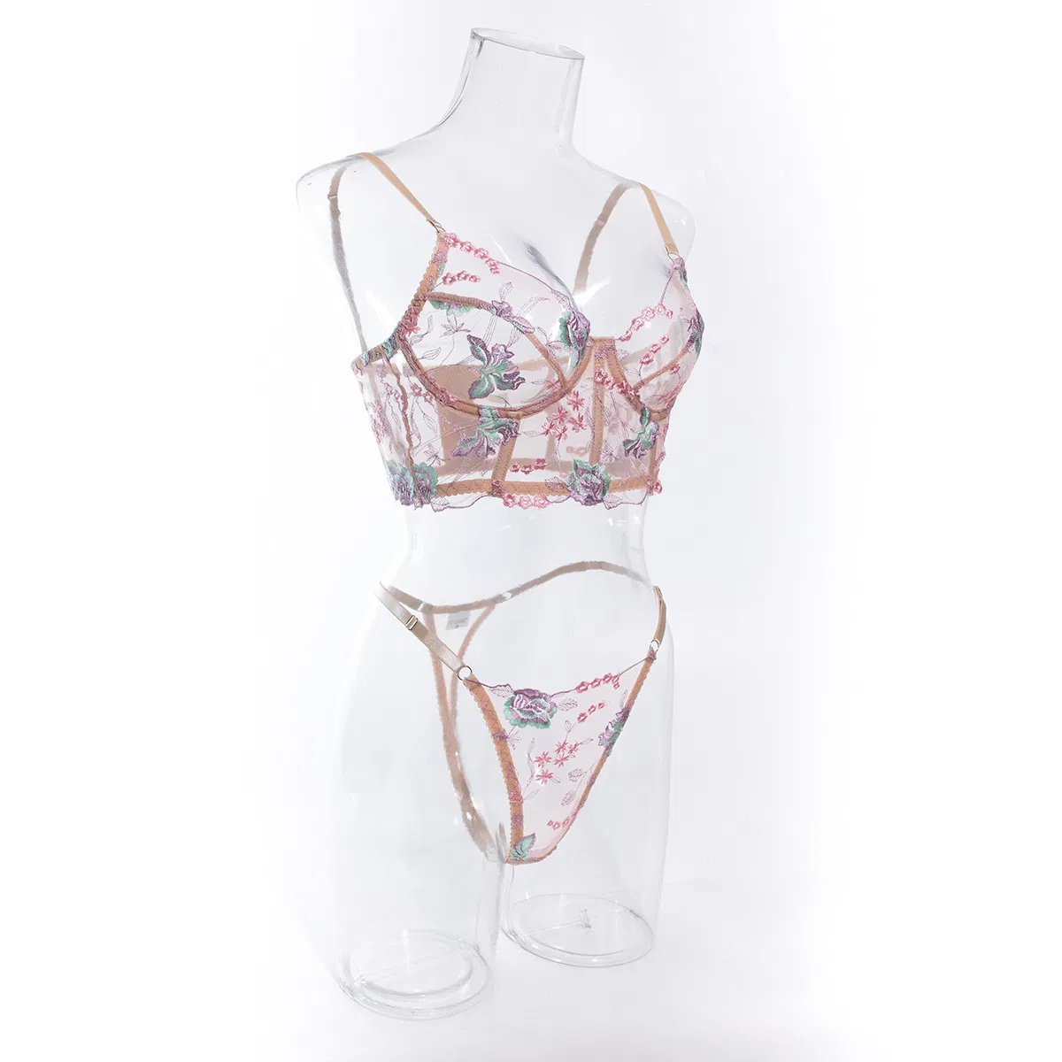 Sexy Mesh Transparent Flower Embroidery Fishbone Bra Set Factory Sell Woman Lingerie