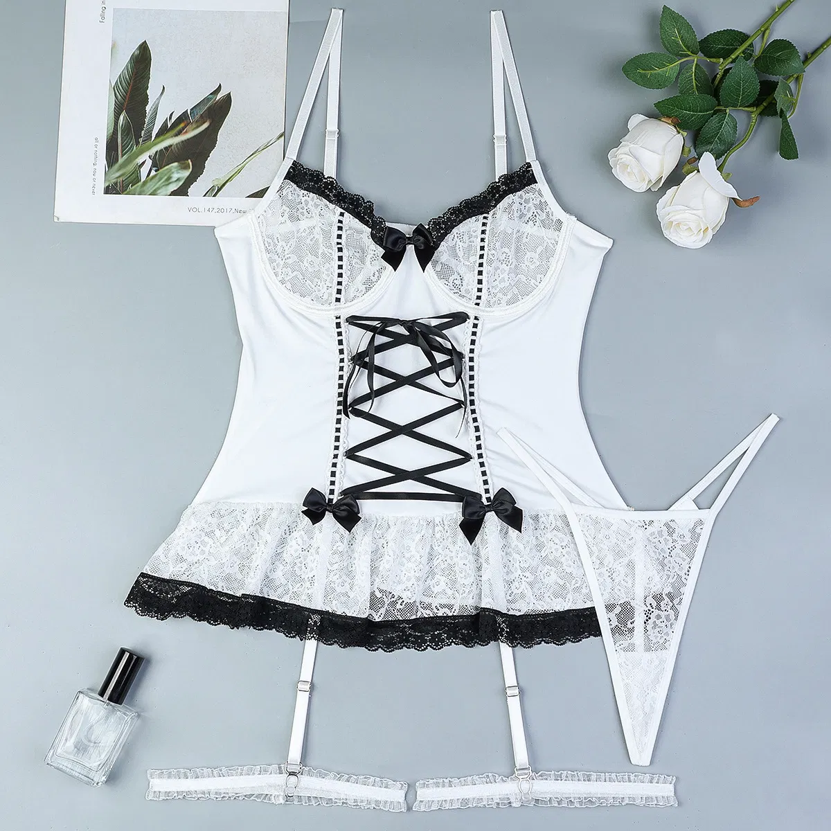 Sexy Cross Tie Bow Lace Embroidery Underwear Set New Suspender Ultra-Thin Woman Lingerie