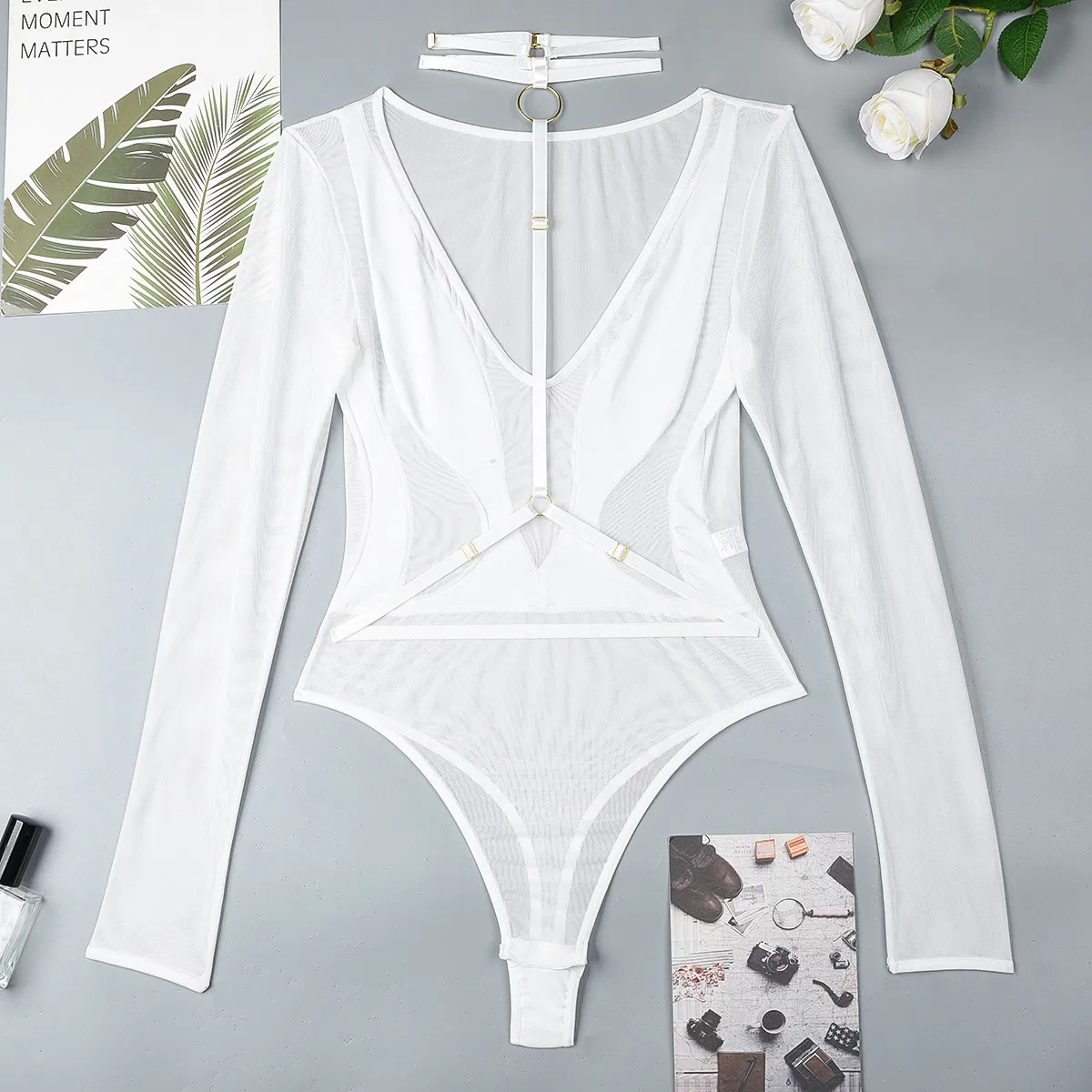 Wholesale Long Sleeved Transparent Mesh Woman Bra Set Sexy Thin Hanging V Neck Lingerie