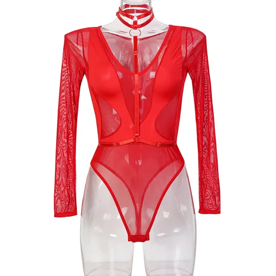 Wholesale Long Sleeved Transparent Mesh Woman Bra Set Sexy Thin Hanging V Neck Lingerie
