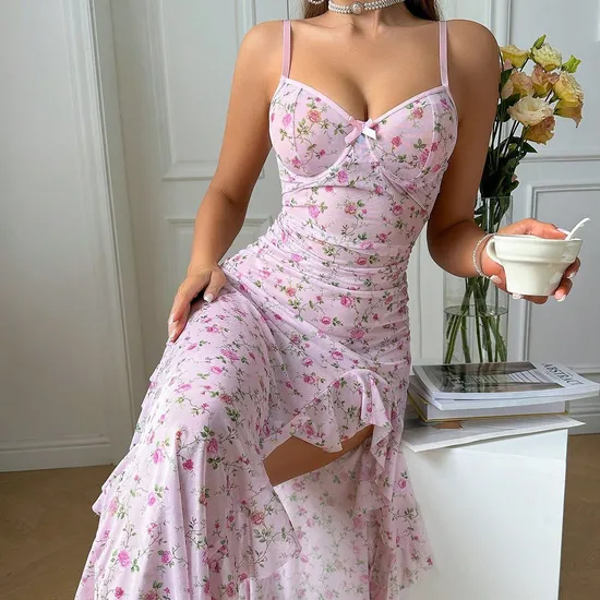 New Fashion Mesh See-Through Long Skirt Bra Set Sexy Ultral-Thin Two-Piece Woman Lingerie