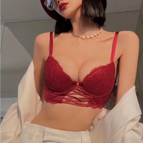 Wholesale Embroidery Lace Seduction for Women Deep V Gathered Breathable Ultra-Thin Set Sexy Bra Underwear Lingerie