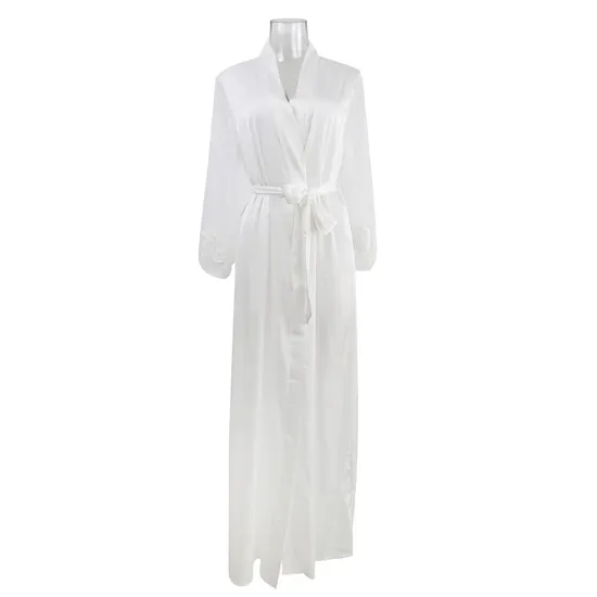 Wholesale Luxury Deep V Satin Woman Sleepwear Sexy See Through Lace Bridal Robe