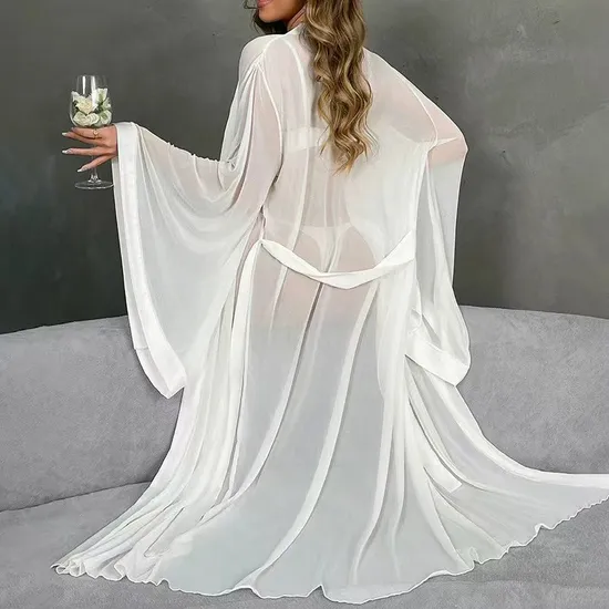 Wholesale See-Through Mesh Sleepwear Sexy V Neck Belt Ultral-Thin Woman Robe