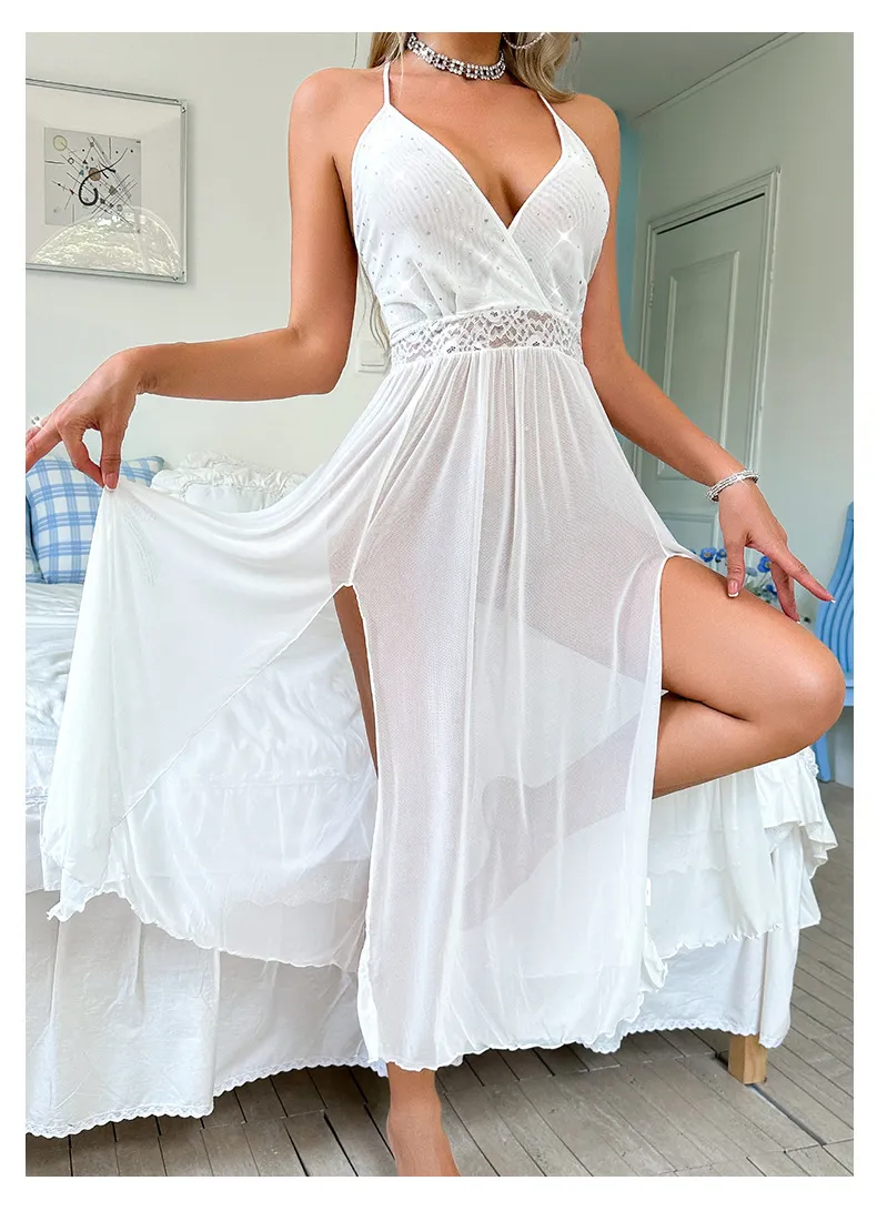 Sexy Erotic Transparent Woman Nightgown Dress Wholesale Solid Color Long Mesh Nightwear