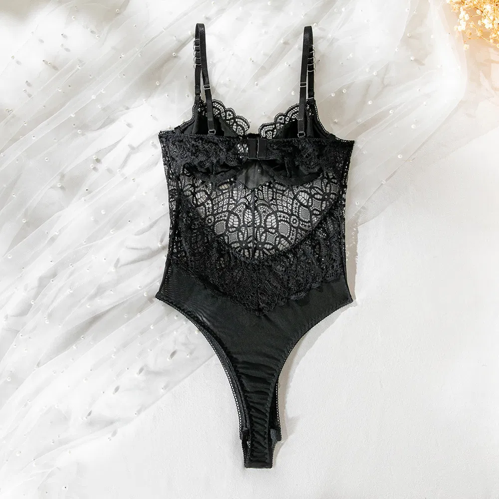 Wholesale Embroidery Lace One-Piece Underwear Set Sexy Deep V Backless Woman Lingerie