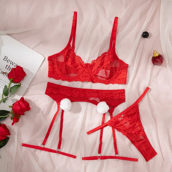 Sexy Embroidered Lace Christmas Underwear Set Hot Furry Ball Woman's Lingerie