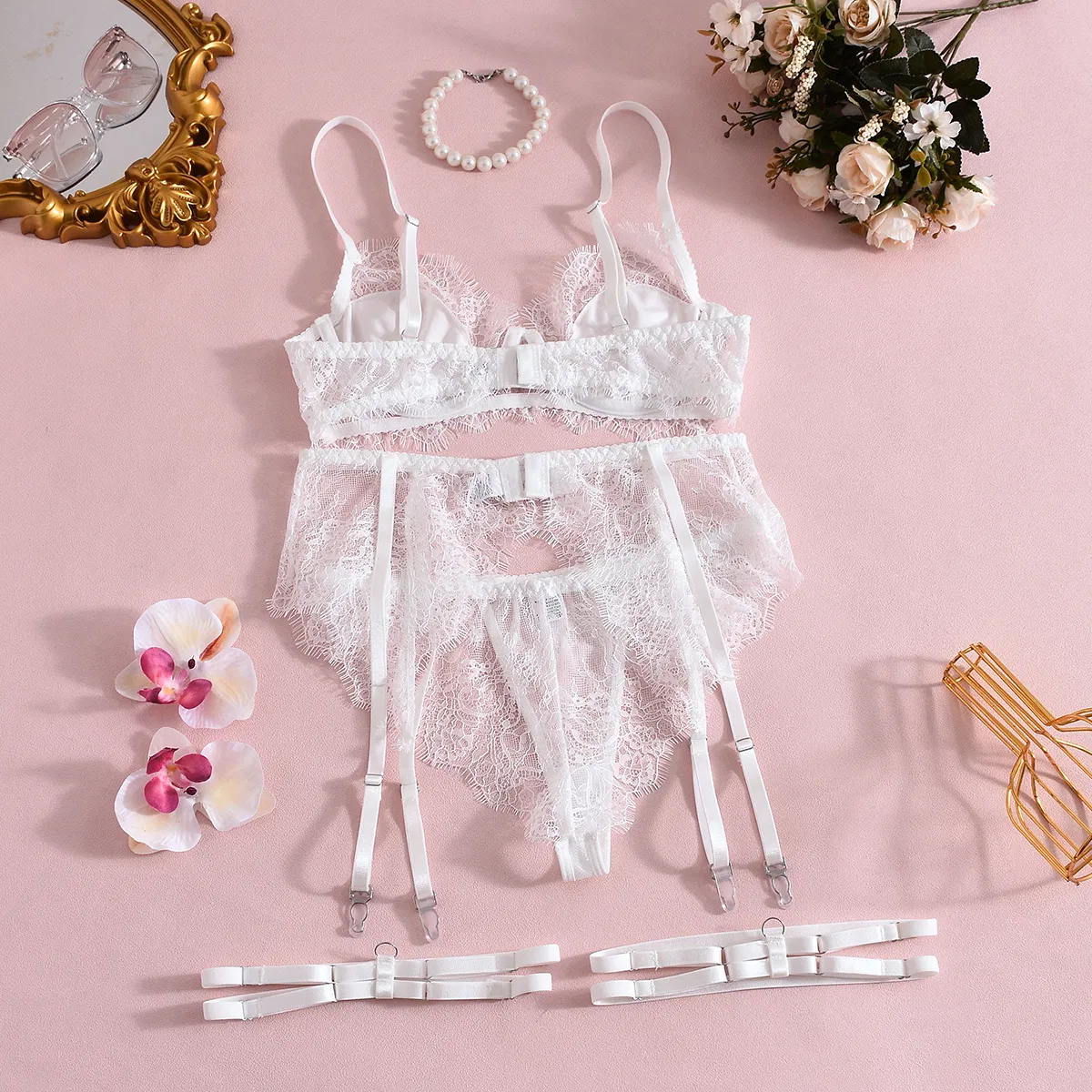Wholesale Embroidered Eyelash Lace Woman's Underwear Set Sexy Ultra-Thin 2-Piece Lingerie