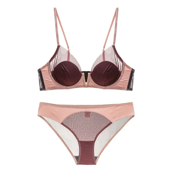 New Style Wholesale French Breathable Deep V Mesh Spliced Ultra-Thin Luxury for Women Soft Sexy Underwear Bra Set Lingerie