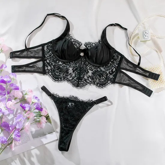 Wholesale Eyelash Lace Embroidery Flower Fish-Bone Underwear Set Sexy See-Through Lingerie