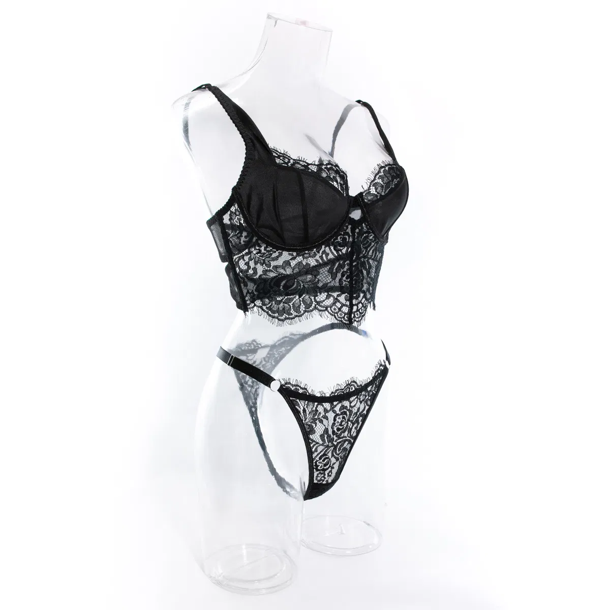 Wholesale Eyelash Lace Embroidery Flower Fish-Bone Underwear Set Sexy See-Through Lingerie