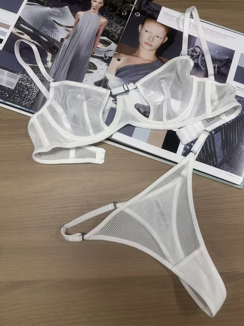 2025 Wholesale See-Through Lace-up Romantic Anti-Sagging Breathable Women Soft Bra Ultra-Thin Set Sexy Underwear Lingerie