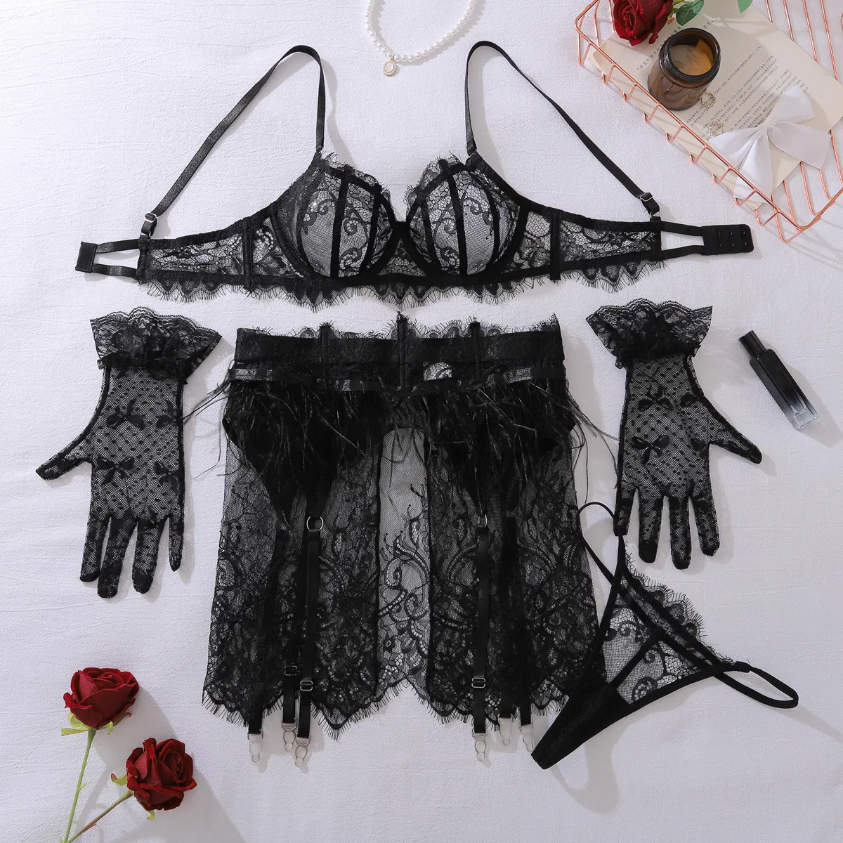 Wholesale See-Through Mesh Women Underwear Set Sexy Feather Embroidery Lace Lingerie