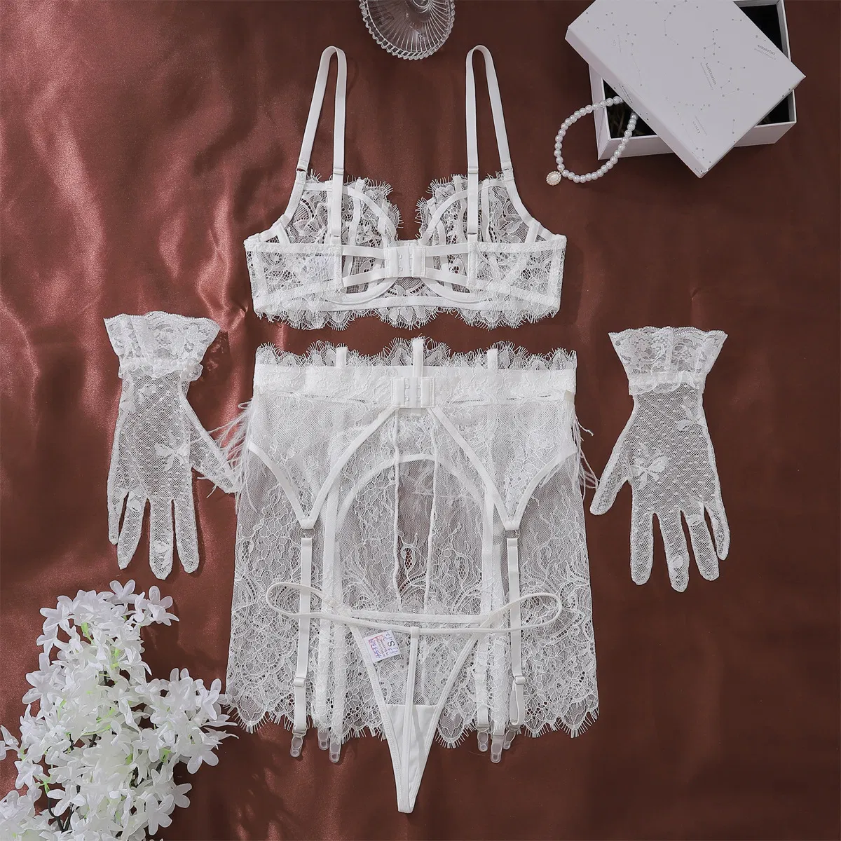 Wholesale See-Through Mesh Women Underwear Set Sexy Feather Embroidery Lace Lingerie