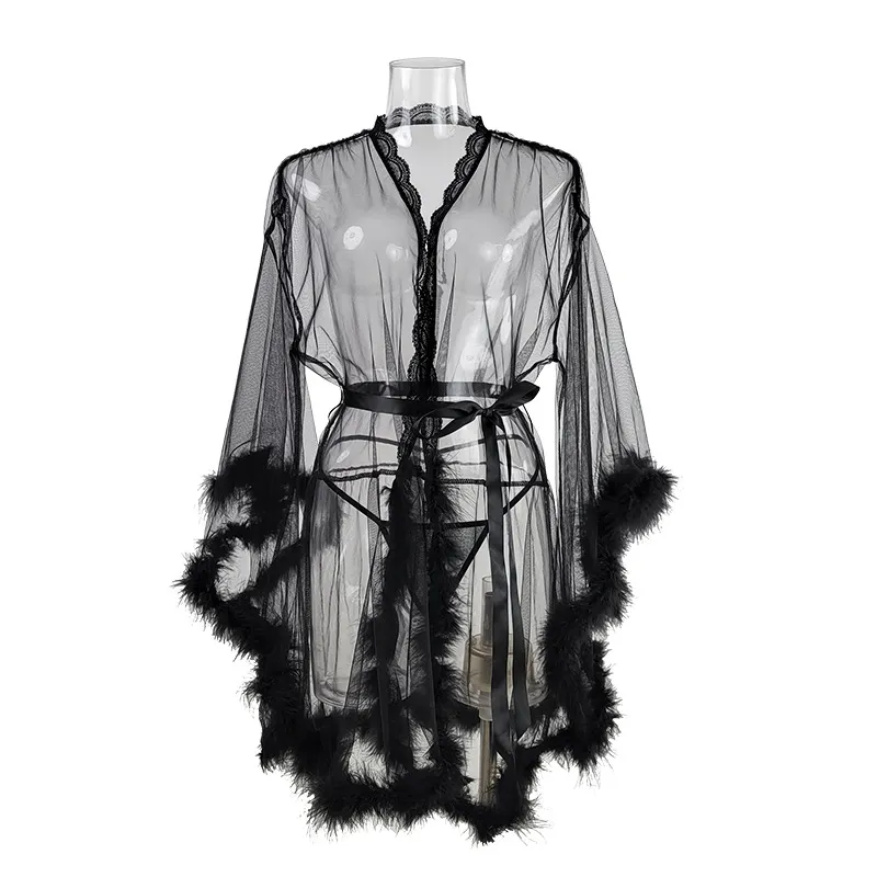 Wholesale See-Through Mesh Long Leeve Sleepwear with Fur Sexy Solid Color Woman Robe